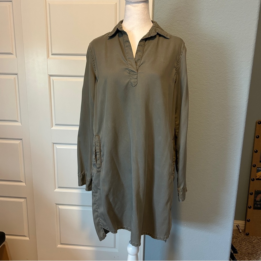 QUINCE Vintage Wash Tencel Roll-Sleeve Tunic Dress Womens Olive Green Size Small